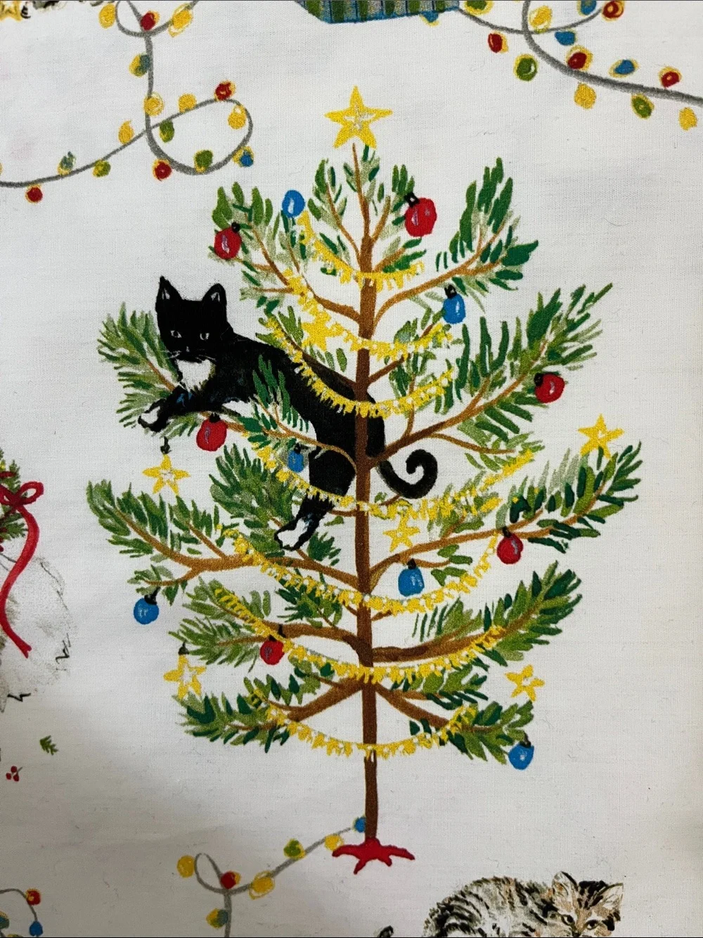 Pottery Barn Holiday Cat & Tree Print 100% organic cotton Queen pillow case sham
